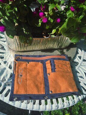 Boho Denim & Suede Multi-Pocket Pencil Pouch Zipper Utility Case Iridescent Deta